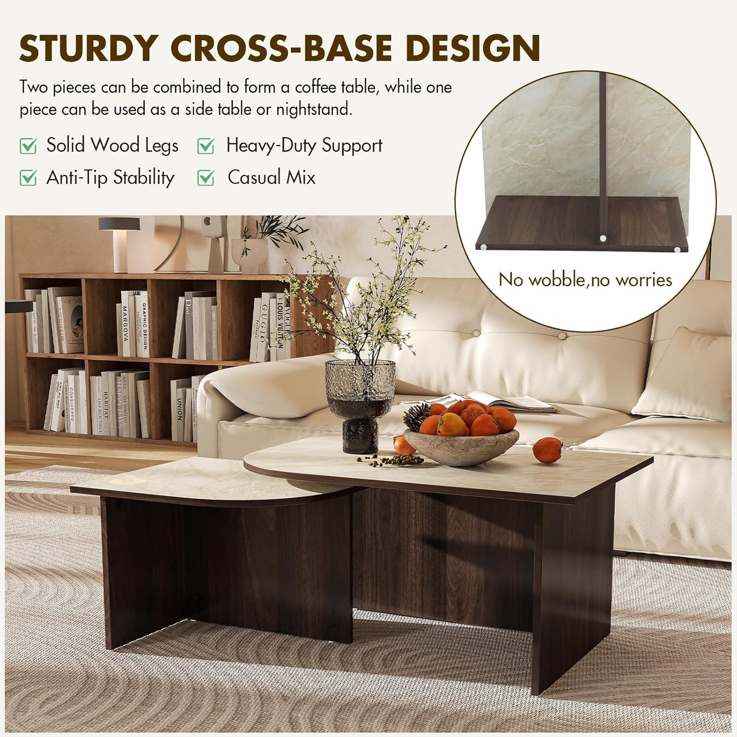 Faux Marble and Wood Coffee Table Set of 3 for Living Room, Modern Nesting Center Table with Faux Travertine Pattern & Solid Wood Legs, Modular Design (Beige & Deep Walnut)