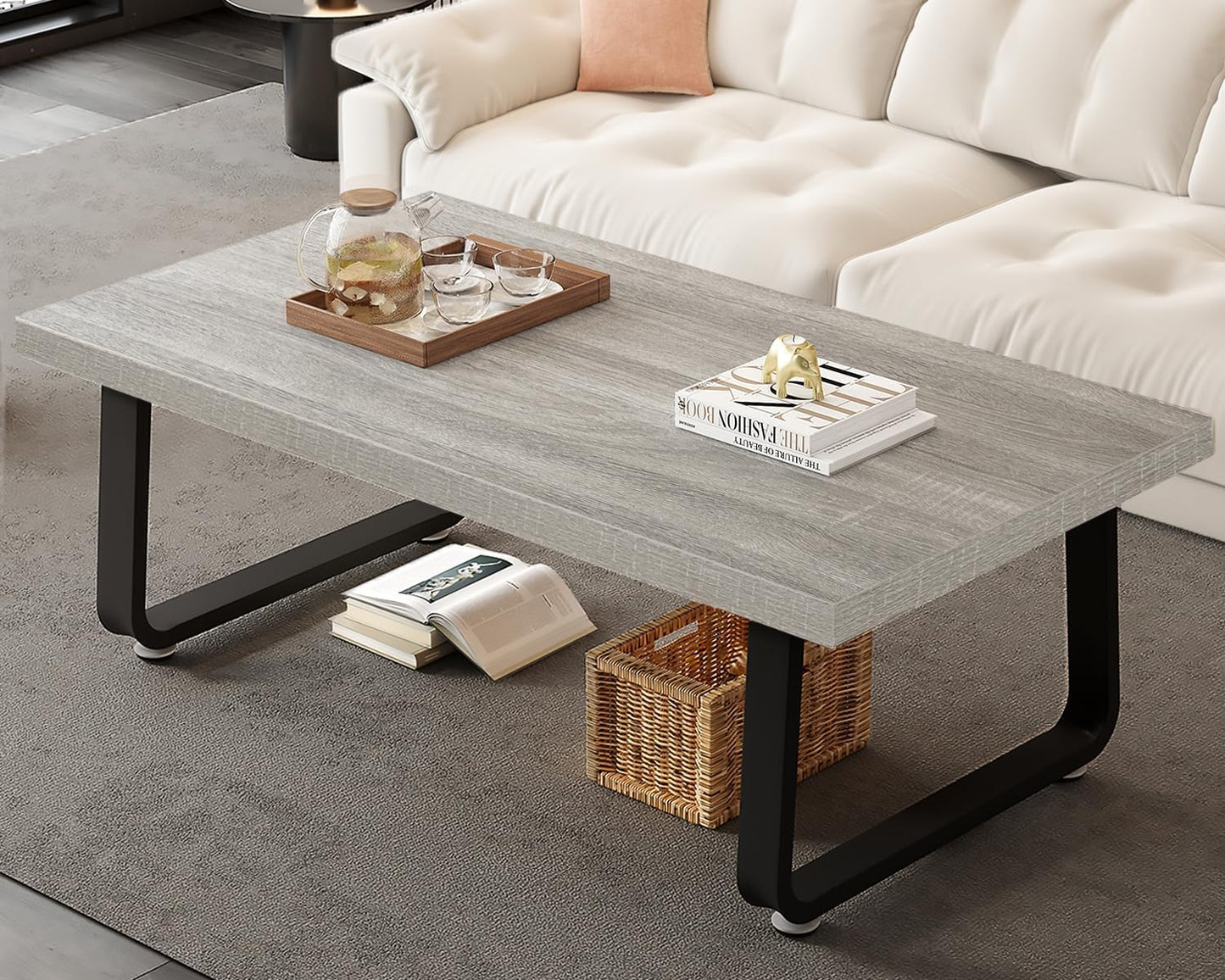 HSH Rustic Walnut Coffee Table, Modern Center Table, Rectangle Industrial Living Room Coffee Table, Simple Farmhouse Wood and Metal Tea Table for Home Bedroom Office, Walnut, 47 in