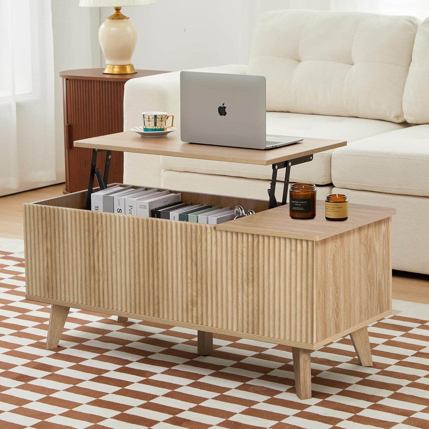 Fluted Lift Top Coffee Table with Large Hidden Compartment, 31.5” Wooden Center Table with Storage, Mid Century Modern Lift Tabletop Coffee Tables for Living Room Home Office, Walnut