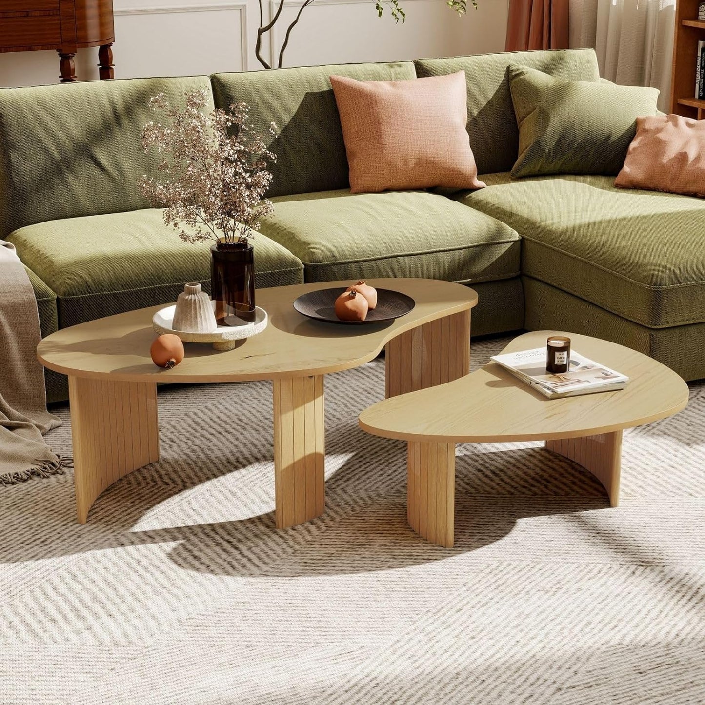 Faux Marble and Wood Coffee Table Set of 3 for Living Room, Modern Nesting Center Table with Faux Travertine Pattern & Solid Wood Legs, Modular Design (Beige & Deep Walnut)