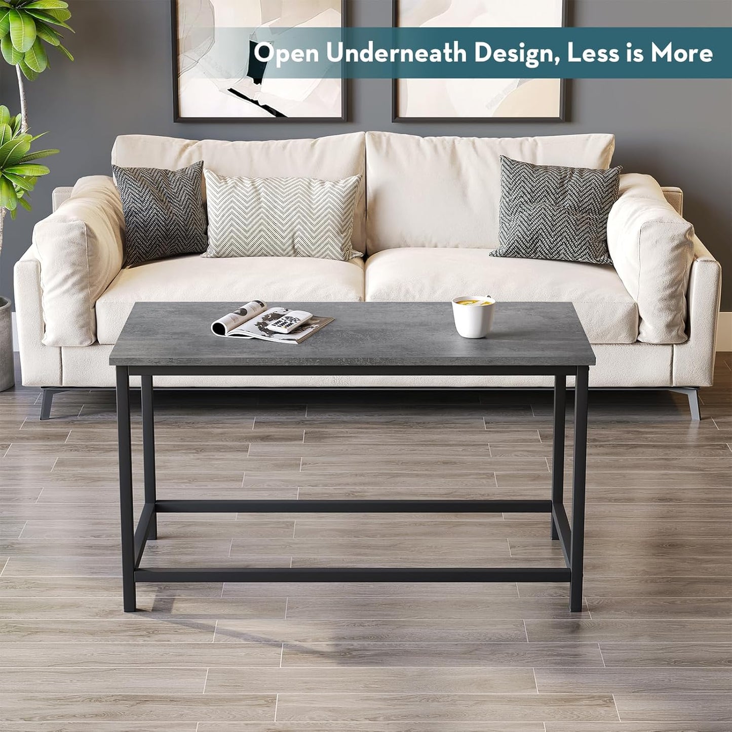 SAYGOER Small Rectangular Coffee Table Simple Modern Open Design Minimalist Center Table for Living Room Small Spaces, Easy Assembly, 31.5 x 15.7 x 17.7, Gray Black
