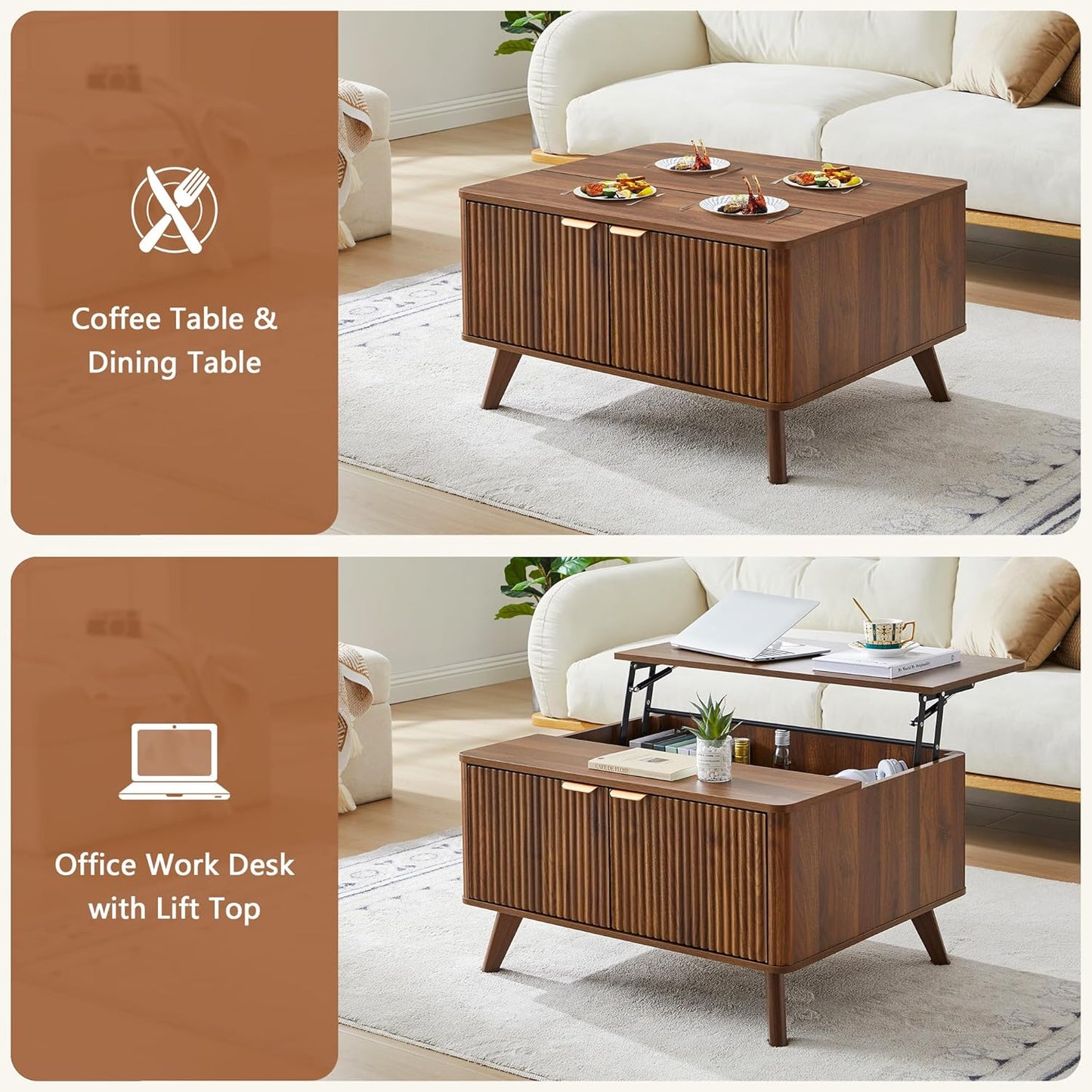 Fluted Lift Top Coffee Table with Large Hidden Compartment, 31.5” Wooden Center Table with Storage, Mid Century Modern Lift Tabletop Coffee Tables for Living Room Home Office, Walnut
