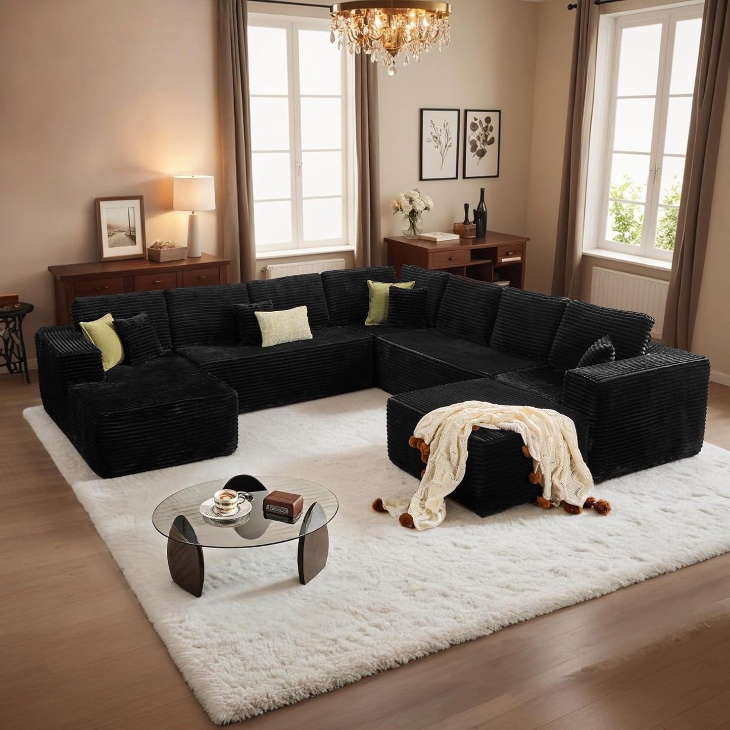 HOOOWOOO Cloud Sectional Couches for Living Room,Modular Sectional Sofa No Assembly,133X70 Inch Plush Corduroy Large U Shaped Floor Couch Set with Deep Seat Chaise Ottoman(Black)