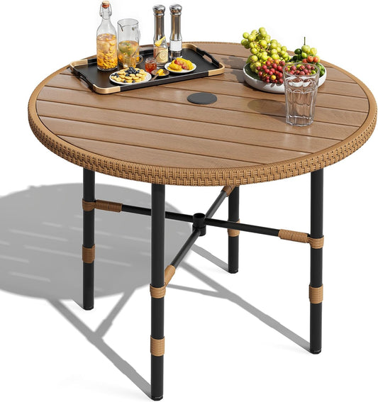 DWVO Outdoor Patio Dining Table Round for 4 35.4" Outdoor Tables with Umbrella Hole & Adjustable Levelers All-Weather Bistro Table with Metal Frame for Lawn Garden Backyard