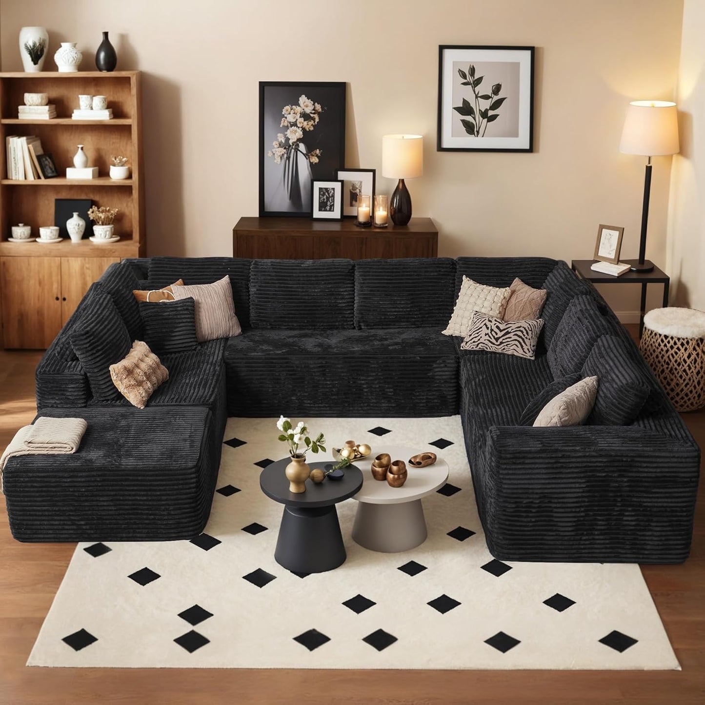 HOOOWOOO Cloud Sectional Couches for Living Room,Modular Sectional Sofa No Assembly,133X70 Inch Plush Corduroy Large U Shaped Floor Couch Set with Deep Seat Chaise Ottoman(Black)