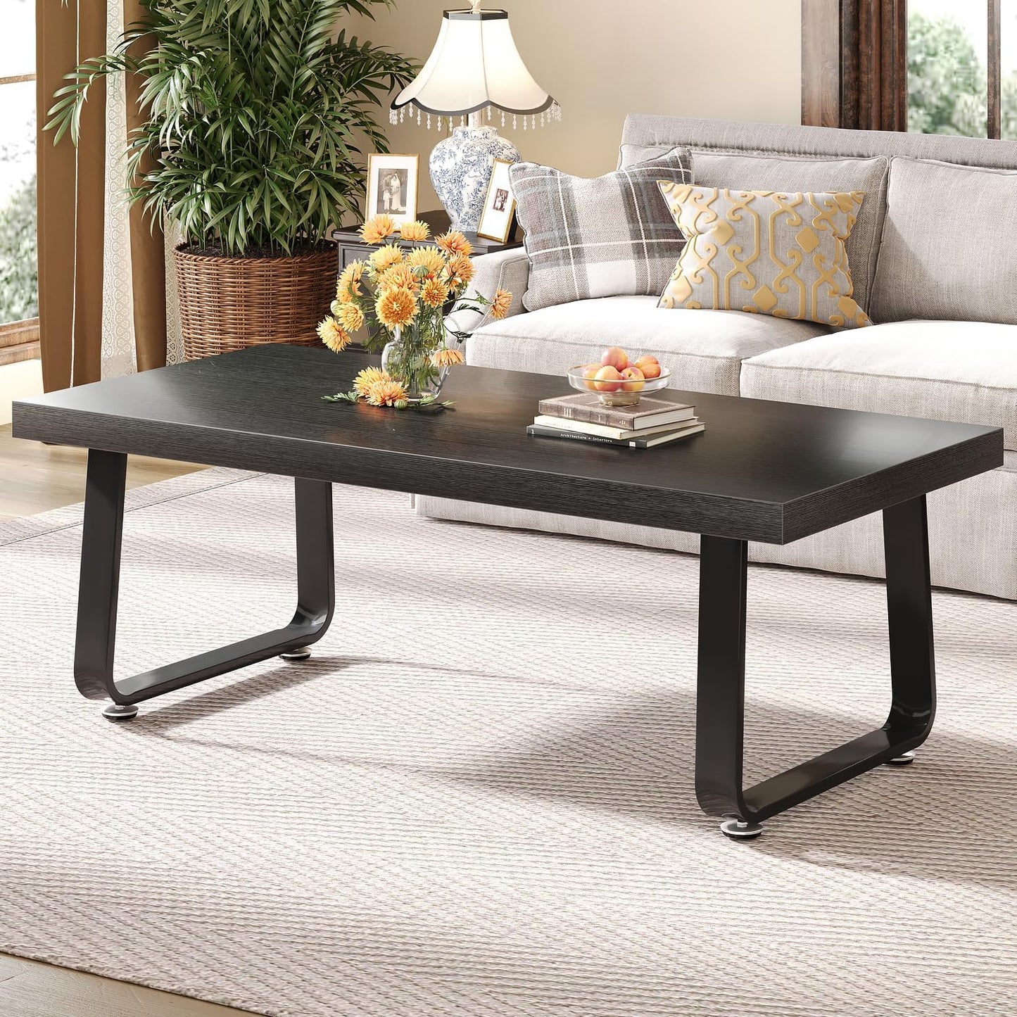 HSH Rustic Walnut Coffee Table, Modern Center Table, Rectangle Industrial Living Room Coffee Table, Simple Farmhouse Wood and Metal Tea Table for Home Bedroom Office, Walnut, 47 in