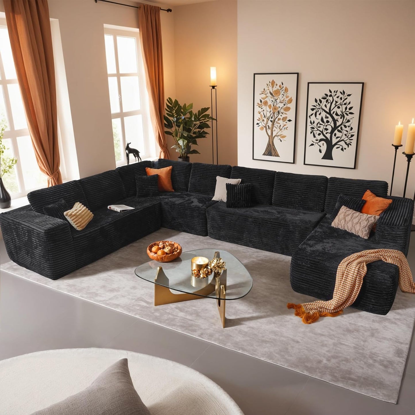HOOOWOOO Cloud Sectional Couches for Living Room,Modular Sectional Sofa No Assembly,133X70 Inch Plush Corduroy Large U Shaped Floor Couch Set with Deep Seat Chaise Ottoman(Black)
