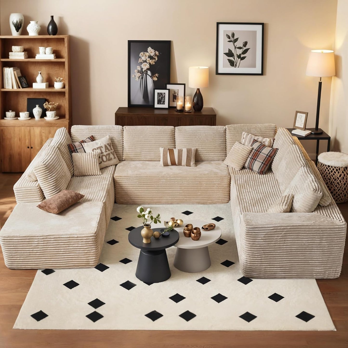 HOOOWOOO Cloud Sectional Couches for Living Room,Modular Sectional Sofa No Assembly,133X70 Inch Plush Corduroy Large U Shaped Floor Couch Set with Deep Seat Chaise Ottoman(Black)