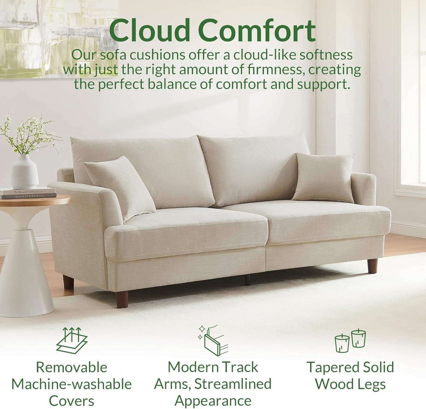 81" 3 Seater Couch, Includes 2 Matching Pillows, Sofa with Removable & Machine-Washable Covers, Spring-Loaded Cushions, Easy Assembly (Beige, 3 Seater)