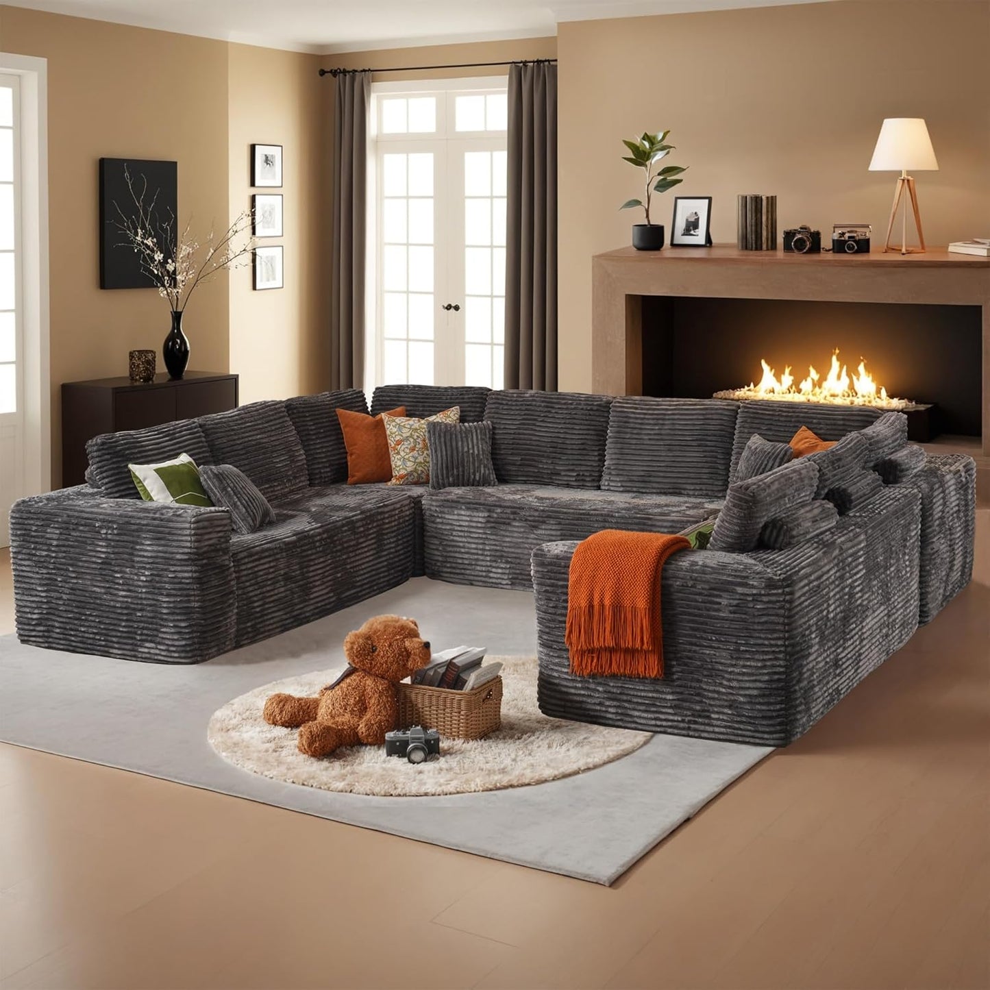 HOOOWOOO Cloud Sectional Couches for Living Room,Modular Sectional Sofa No Assembly,133X70 Inch Plush Corduroy Large U Shaped Floor Couch Set with Deep Seat Chaise Ottoman(Black)