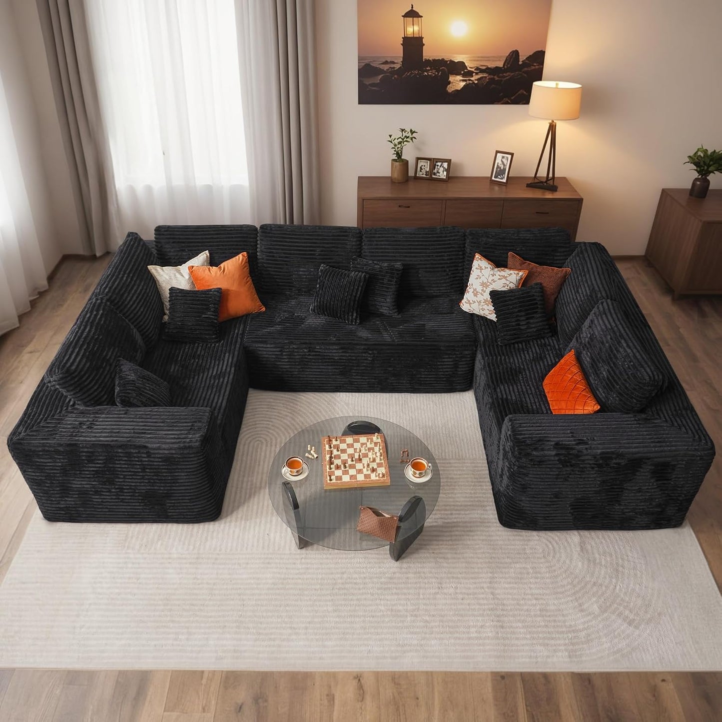HOOOWOOO Cloud Sectional Couches for Living Room,Modular Sectional Sofa No Assembly,133X70 Inch Plush Corduroy Large U Shaped Floor Couch Set with Deep Seat Chaise Ottoman(Black)