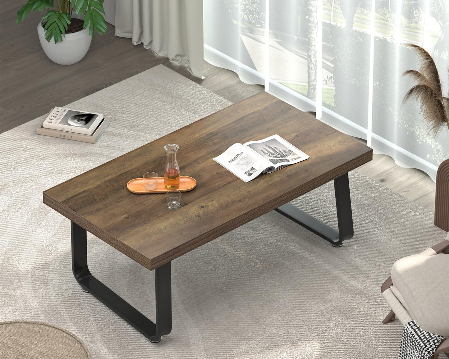 HSH Rustic Walnut Coffee Table, Modern Center Table, Rectangle Industrial Living Room Coffee Table, Simple Farmhouse Wood and Metal Tea Table for Home Bedroom Office, Walnut, 47 in