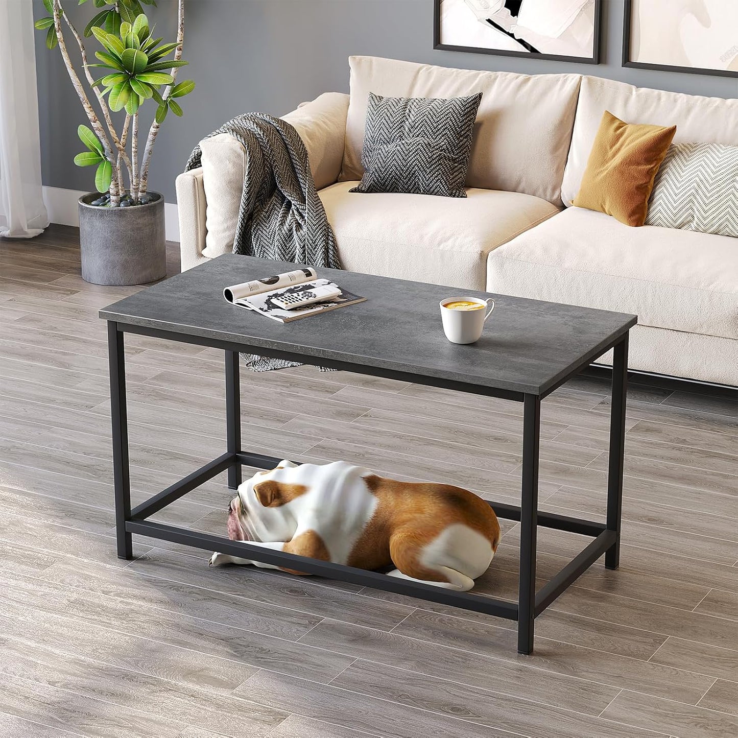 SAYGOER Small Rectangular Coffee Table Simple Modern Open Design Minimalist Center Table for Living Room Small Spaces, Easy Assembly, 31.5 x 15.7 x 17.7, Gray Black