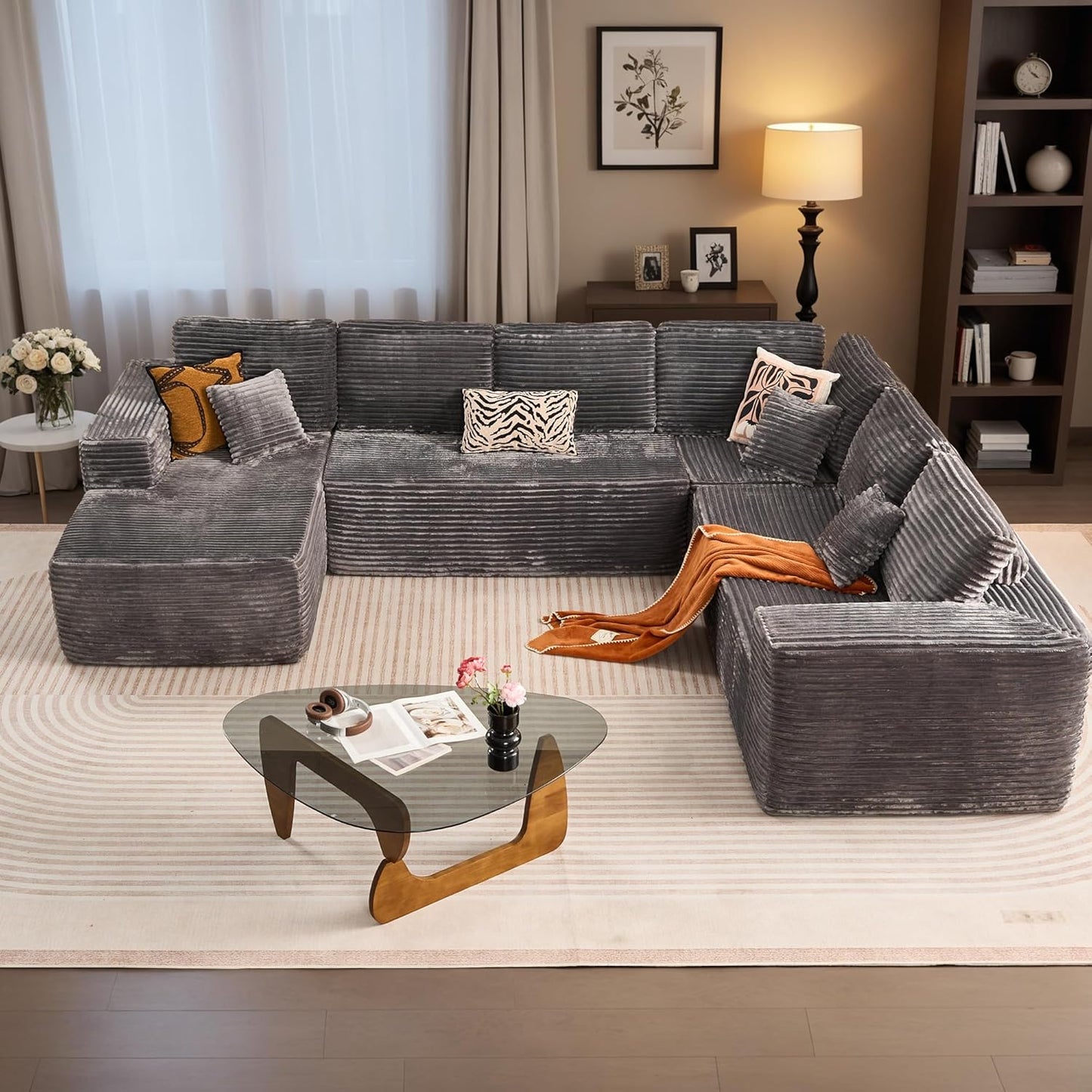 HOOOWOOO Cloud Sectional Couches for Living Room,Modular Sectional Sofa No Assembly,133X70 Inch Plush Corduroy Large U Shaped Floor Couch Set with Deep Seat Chaise Ottoman(Black)