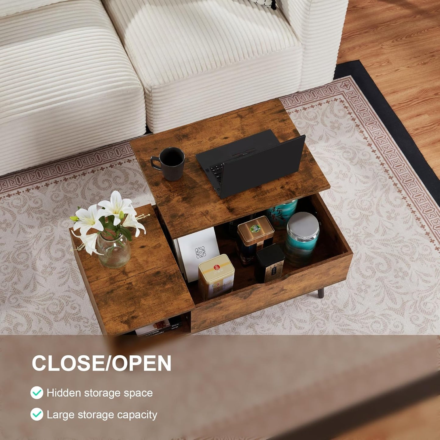 Softa Coffee Tables for Living Room, Wood Lift Top Coffee Table with Storage Shelf and Hidden Compartment, Dining Center Pop-up Table for Home, Office(Brown)