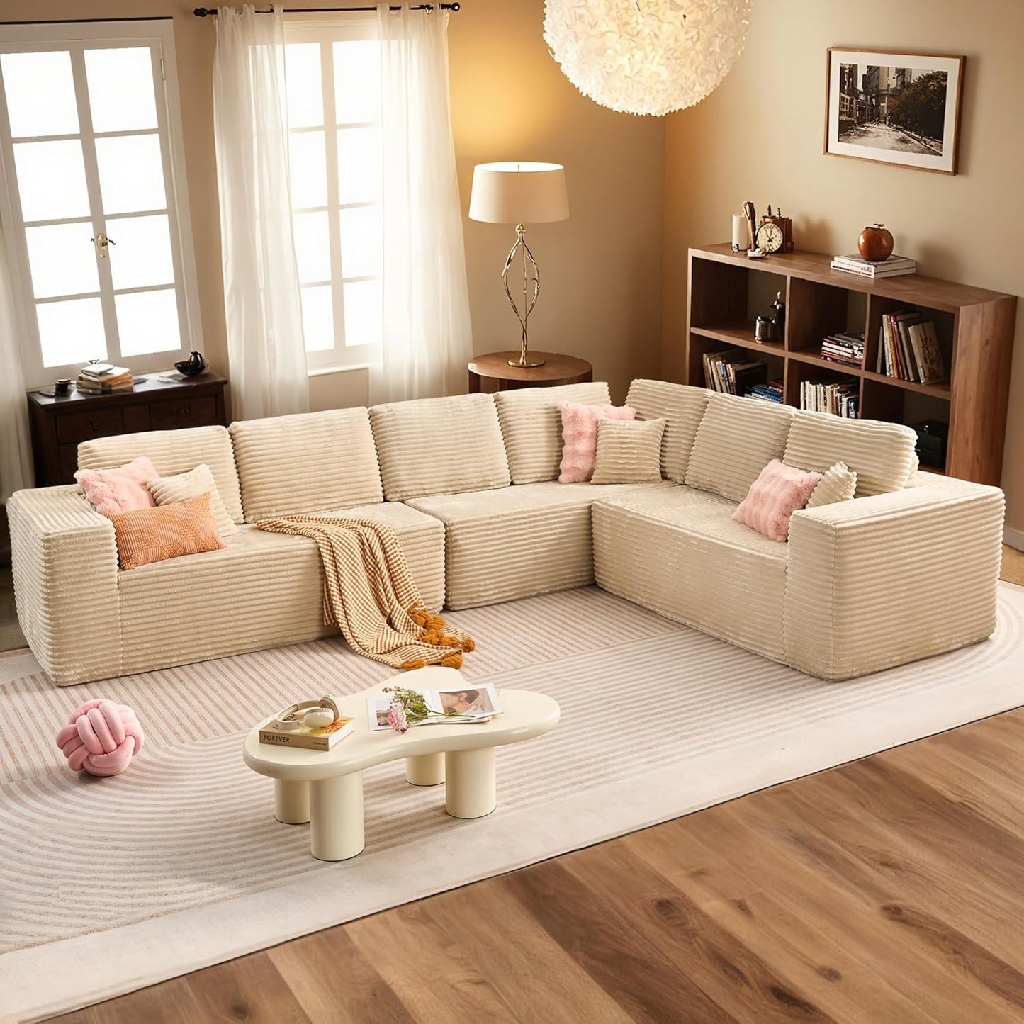 HOOOWOOO Cloud Sectional Couches for Living Room,Modular Sectional Sofa No Assembly,133X70 Inch Plush Corduroy Large U Shaped Floor Couch Set with Deep Seat Chaise Ottoman(Black)