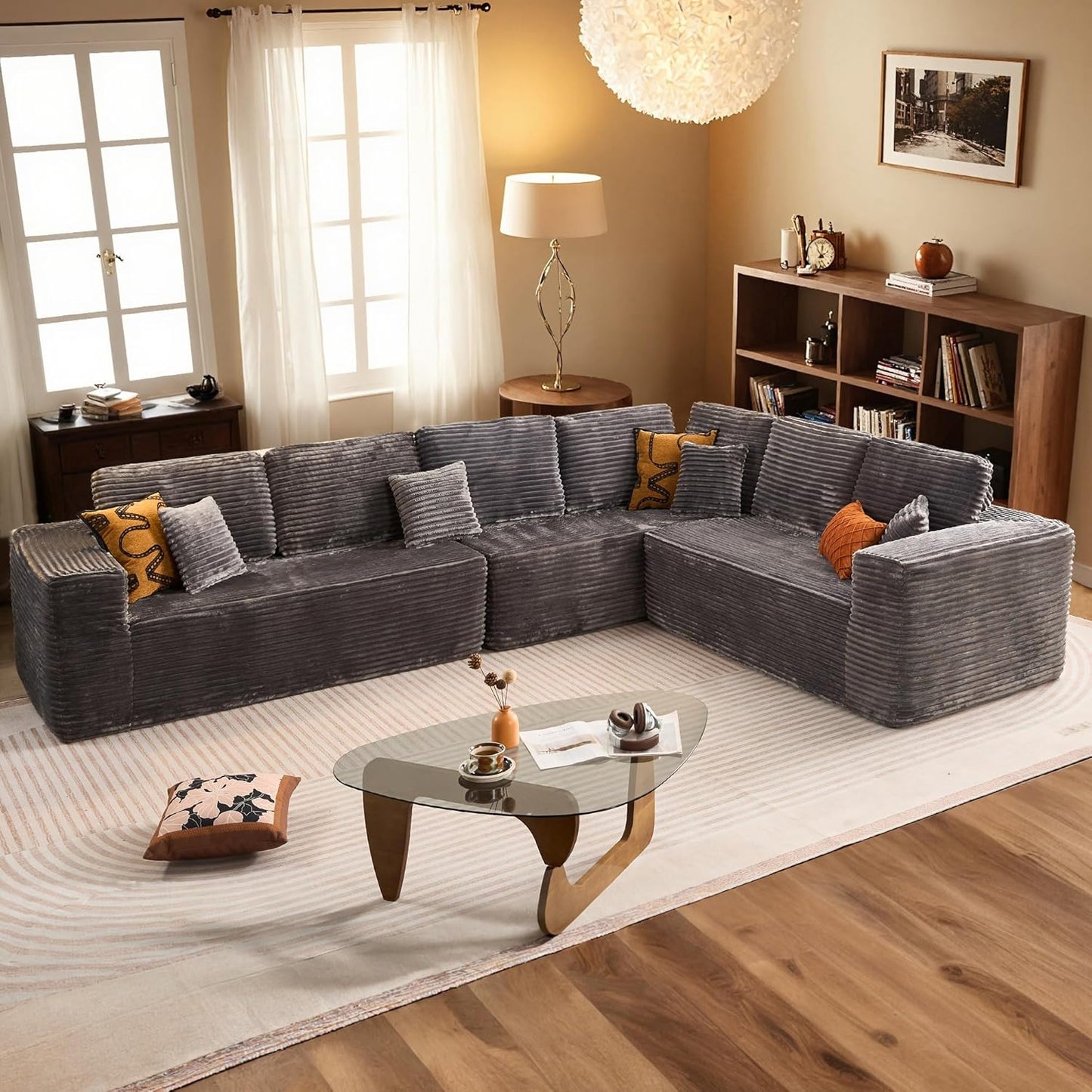 HOOOWOOO Cloud Sectional Couches for Living Room,Modular Sectional Sofa No Assembly,133X70 Inch Plush Corduroy Large U Shaped Floor Couch Set with Deep Seat Chaise Ottoman(Black)