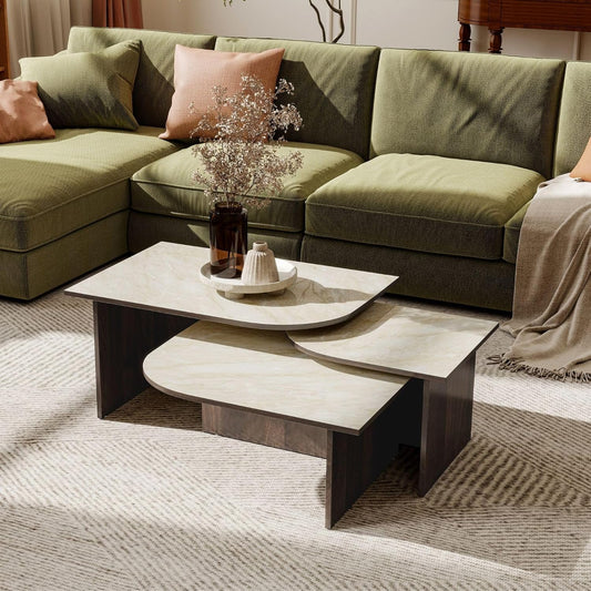 Faux Marble and Wood Coffee Table Set of 3 for Living Room, Modern Nesting Center Table with Faux Travertine Pattern & Solid Wood Legs, Modular Design (Beige & Deep Walnut)