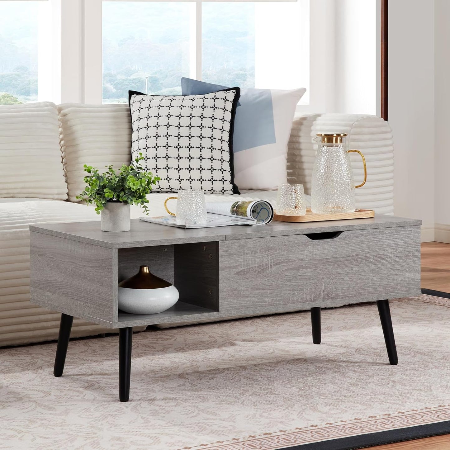 Softa Coffee Tables for Living Room, Wood Lift Top Coffee Table with Storage Shelf and Hidden Compartment, Dining Center Pop-up Table for Home, Office(Brown)