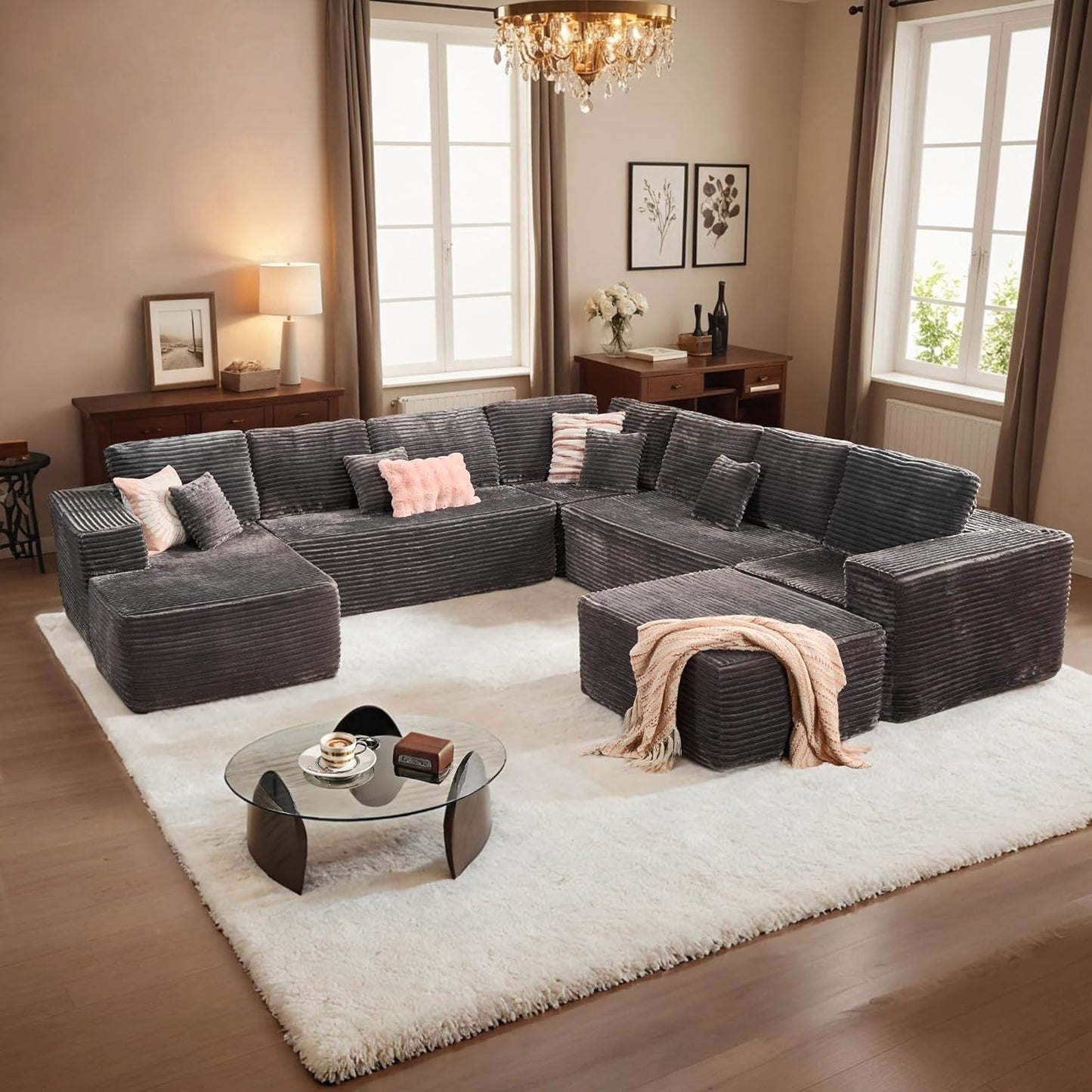 HOOOWOOO Cloud Sectional Couches for Living Room,Modular Sectional Sofa No Assembly,133X70 Inch Plush Corduroy Large U Shaped Floor Couch Set with Deep Seat Chaise Ottoman(Black)