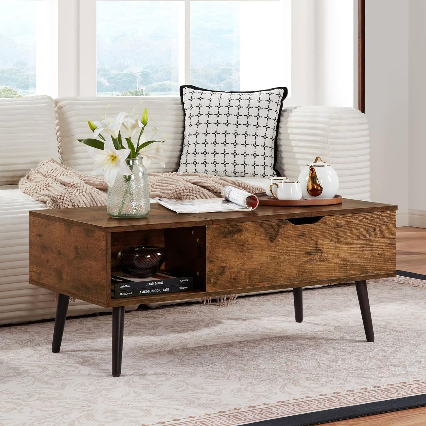 Softa Coffee Tables for Living Room, Wood Lift Top Coffee Table with Storage Shelf and Hidden Compartment, Dining Center Pop-up Table for Home, Office(Brown)