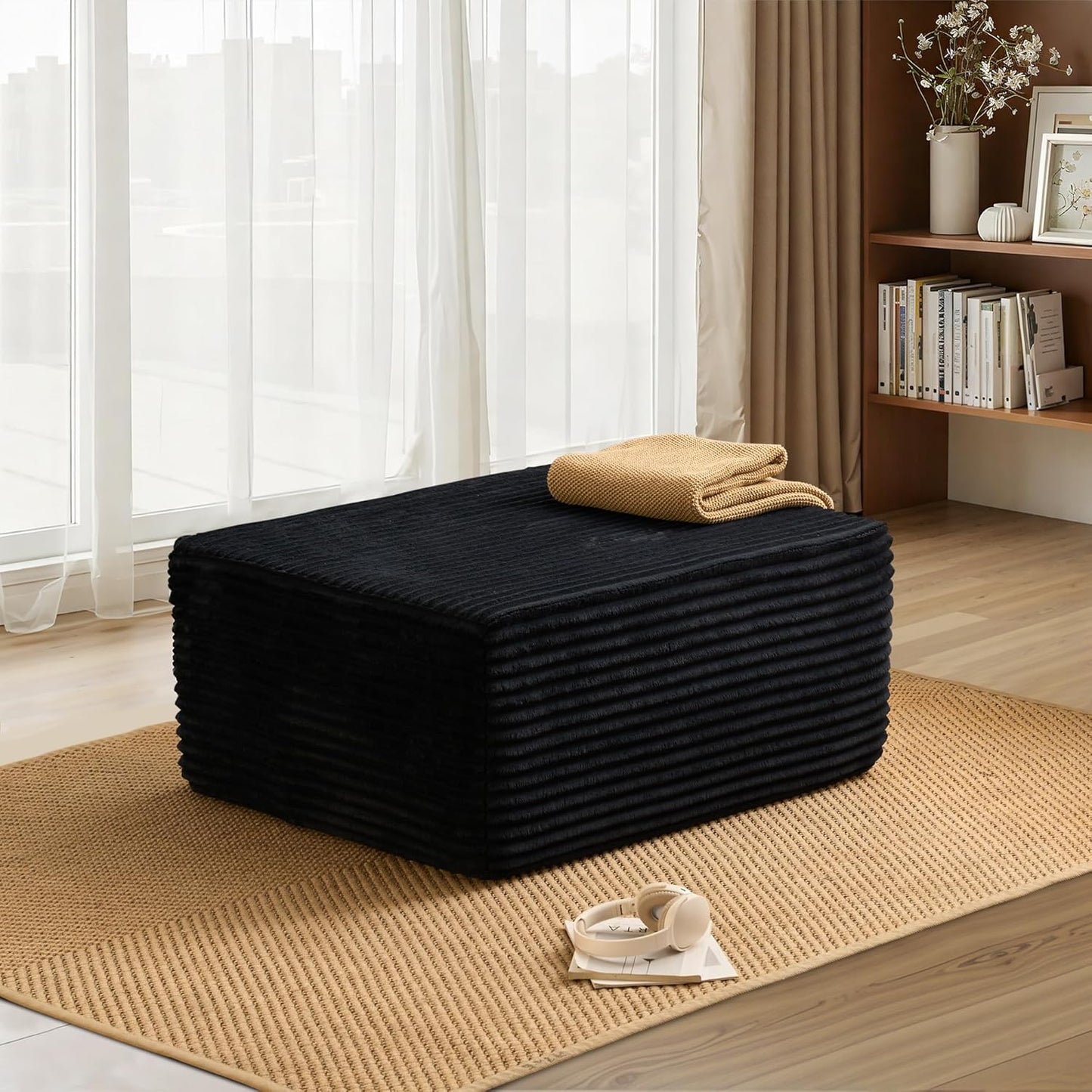 HOOOWOOO Cloud Sectional Couches for Living Room,Modular Sectional Sofa No Assembly,133X70 Inch Plush Corduroy Large U Shaped Floor Couch Set with Deep Seat Chaise Ottoman(Black)