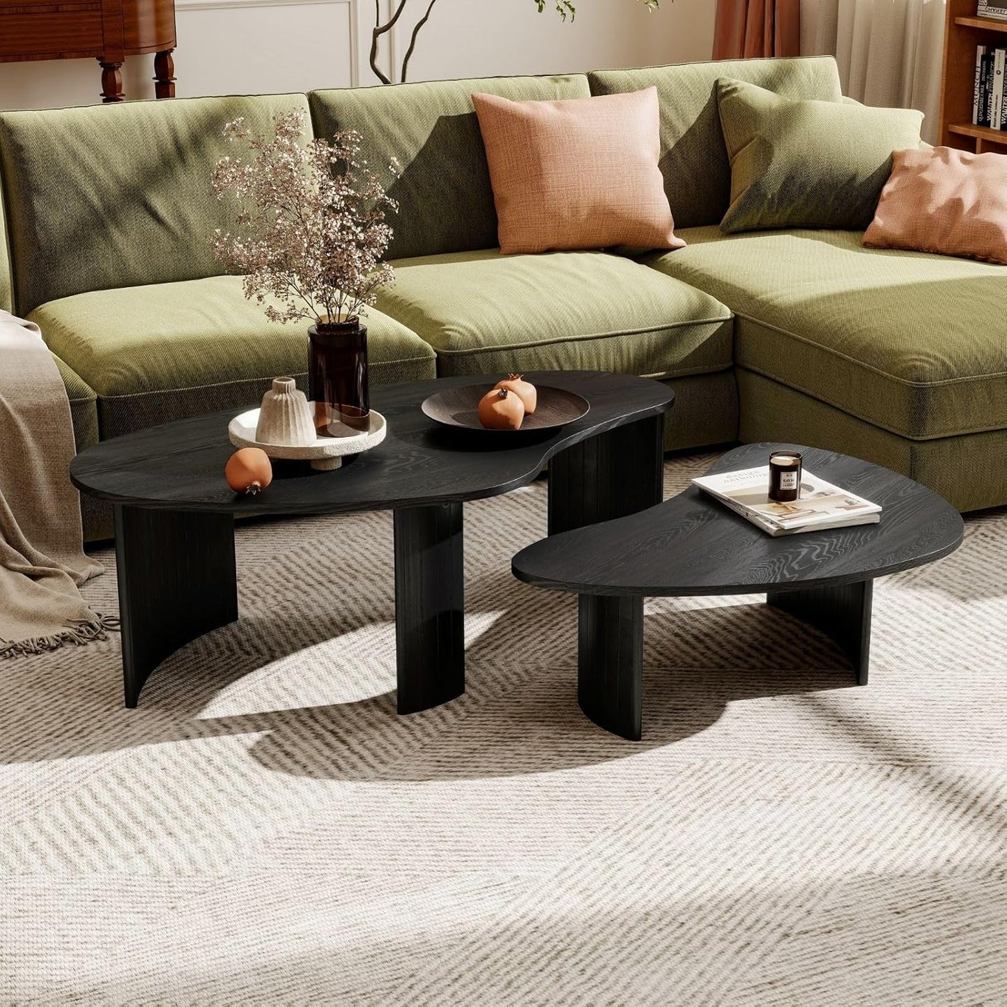 Faux Marble and Wood Coffee Table Set of 3 for Living Room, Modern Nesting Center Table with Faux Travertine Pattern & Solid Wood Legs, Modular Design (Beige & Deep Walnut)
