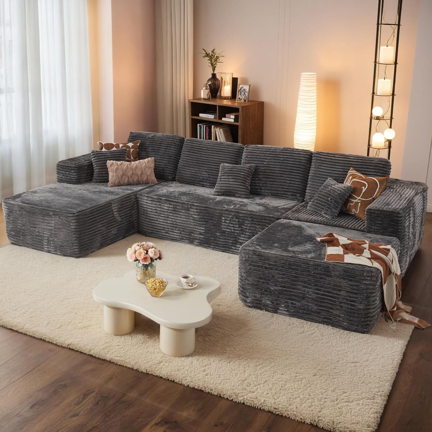 HOOOWOOO Cloud Sectional Couches for Living Room,Modular Sectional Sofa No Assembly,133X70 Inch Plush Corduroy Large U Shaped Floor Couch Set with Deep Seat Chaise Ottoman(Black)