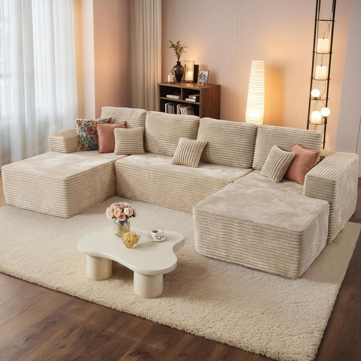 HOOOWOOO Cloud Sectional Couches for Living Room,Modular Sectional Sofa No Assembly,133X70 Inch Plush Corduroy Large U Shaped Floor Couch Set with Deep Seat Chaise Ottoman(Black)