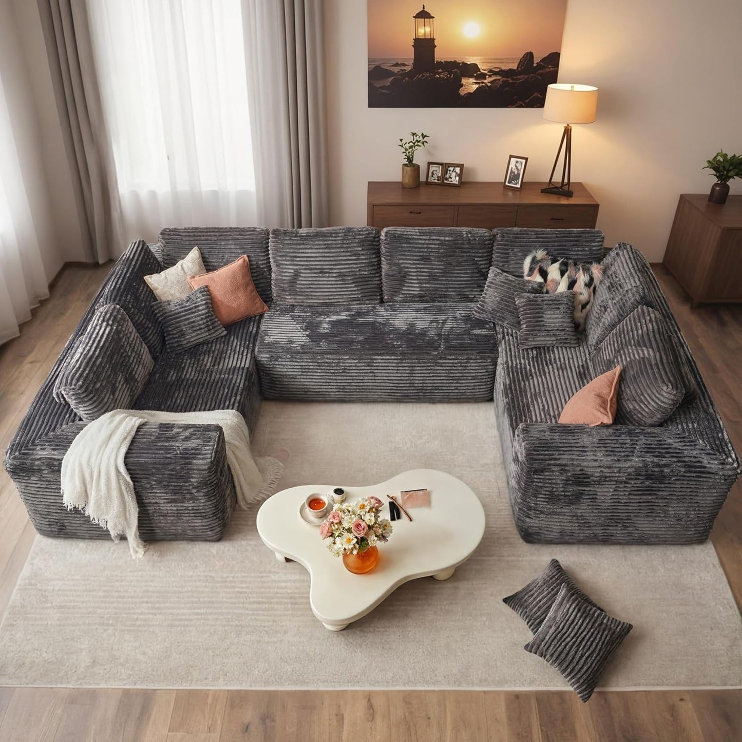 HOOOWOOO Cloud Sectional Couches for Living Room,Modular Sectional Sofa No Assembly,133X70 Inch Plush Corduroy Large U Shaped Floor Couch Set with Deep Seat Chaise Ottoman(Black)