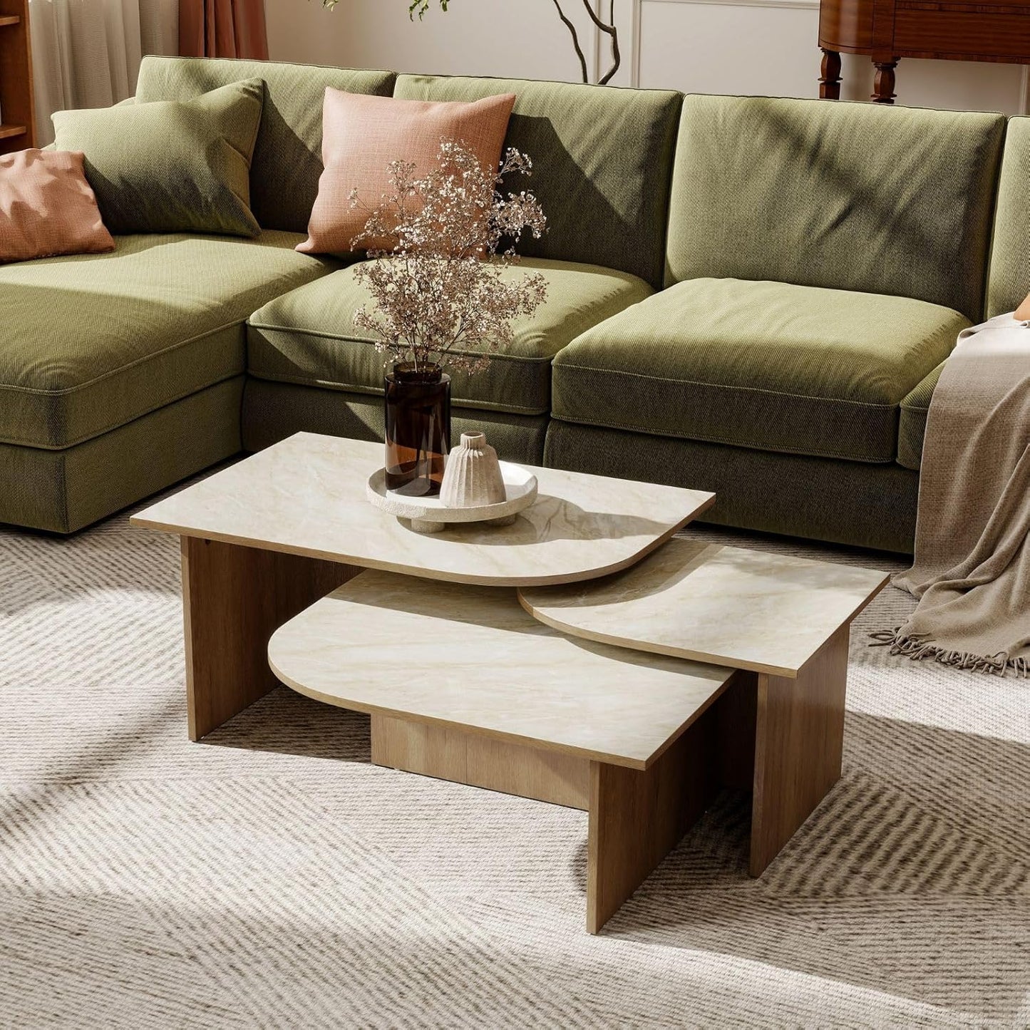 Faux Marble and Wood Coffee Table Set of 3 for Living Room, Modern Nesting Center Table with Faux Travertine Pattern & Solid Wood Legs, Modular Design (Beige & Deep Walnut)