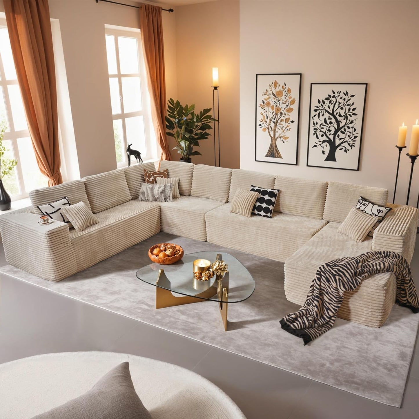 HOOOWOOO Cloud Sectional Couches for Living Room,Modular Sectional Sofa No Assembly,133X70 Inch Plush Corduroy Large U Shaped Floor Couch Set with Deep Seat Chaise Ottoman(Black)