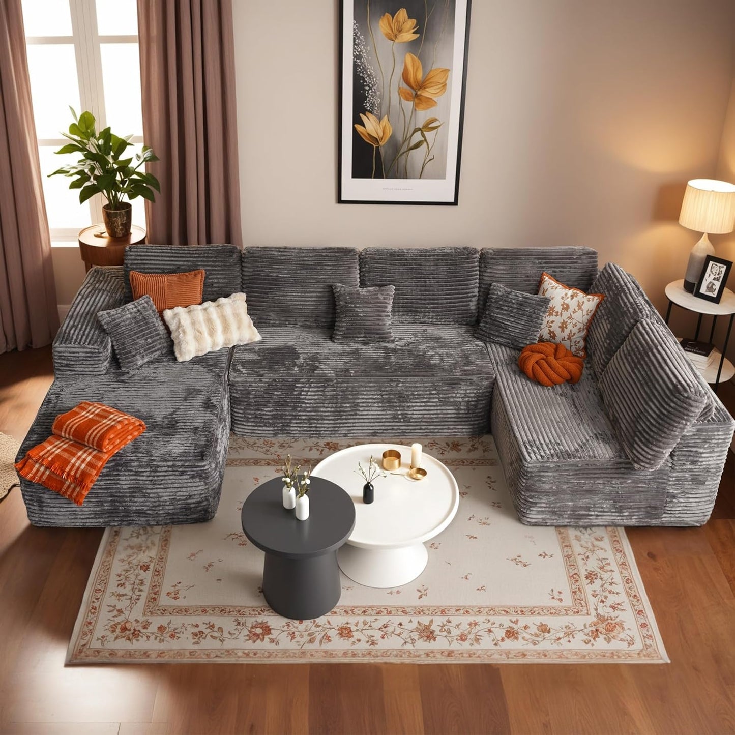 HOOOWOOO Cloud Sectional Couches for Living Room,Modular Sectional Sofa No Assembly,133X70 Inch Plush Corduroy Large U Shaped Floor Couch Set with Deep Seat Chaise Ottoman(Black)