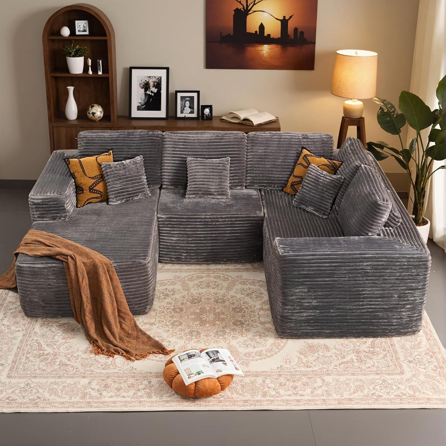 HOOOWOOO Cloud Sectional Couches for Living Room,Modular Sectional Sofa No Assembly,133X70 Inch Plush Corduroy Large U Shaped Floor Couch Set with Deep Seat Chaise Ottoman(Black)