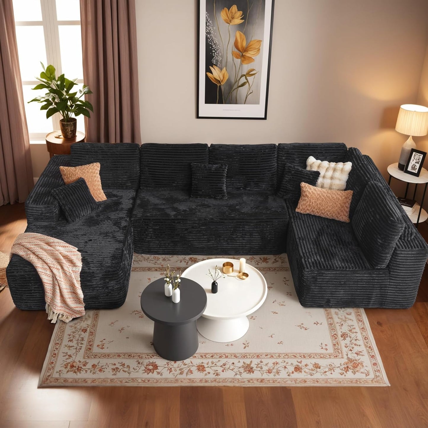 HOOOWOOO Cloud Sectional Couches for Living Room,Modular Sectional Sofa No Assembly,133X70 Inch Plush Corduroy Large U Shaped Floor Couch Set with Deep Seat Chaise Ottoman(Black)
