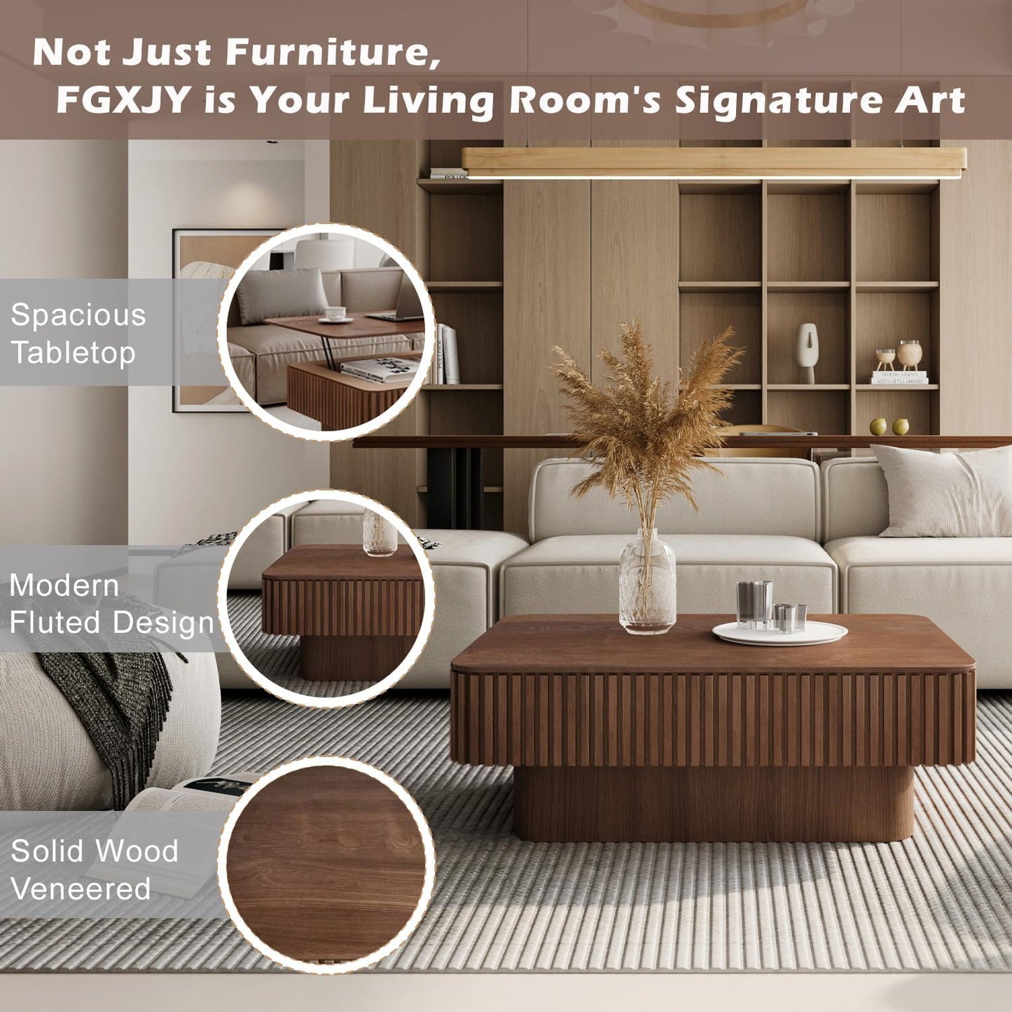Lift Top Coffee Table with Storage, Solid Wood Coffee Table with Adjustable Height, Fluted Center Table Accent Tea Table for Living Room, Apartment, Office (38.6" Walnut)