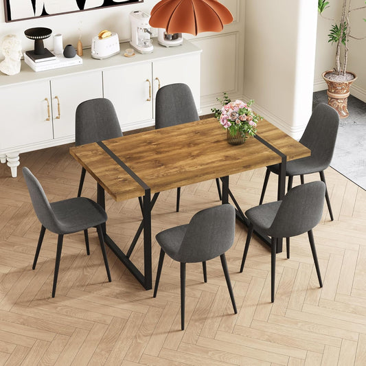Rustic 7 Piece Dining Room Table Set for 6 People, Mid Century Modern 55 Inch Rectangle Wood Kitchen Dining Table with 6 Fabric Chairs Set, Suitable for Kitchen Dining Room