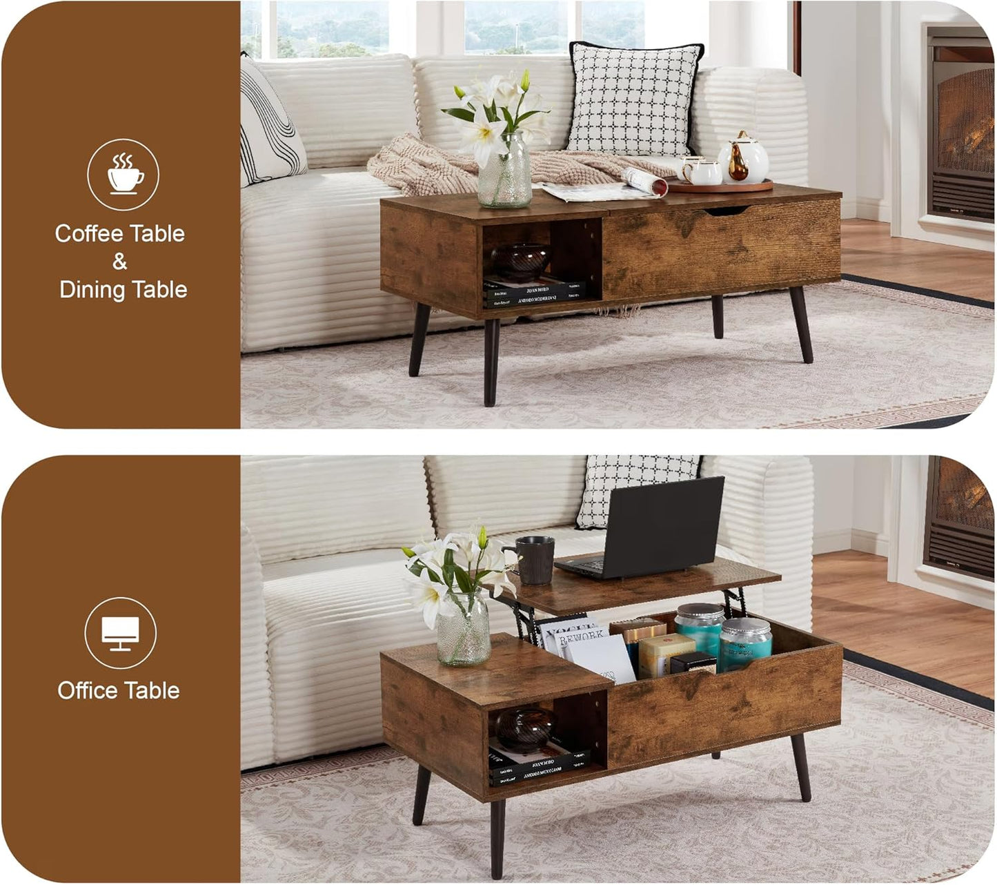 Softa Coffee Tables for Living Room, Wood Lift Top Coffee Table with Storage Shelf and Hidden Compartment, Dining Center Pop-up Table for Home, Office(Brown)