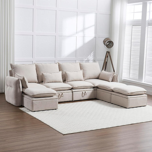 114'' Waterproof Modular Sectional Sofa with Storage, Cloud Couch with Storage Ottoman for Living Room, Wide and Deep Seat, U Shaped, High Supportive and Soft Sponge, 7 Seats Beige