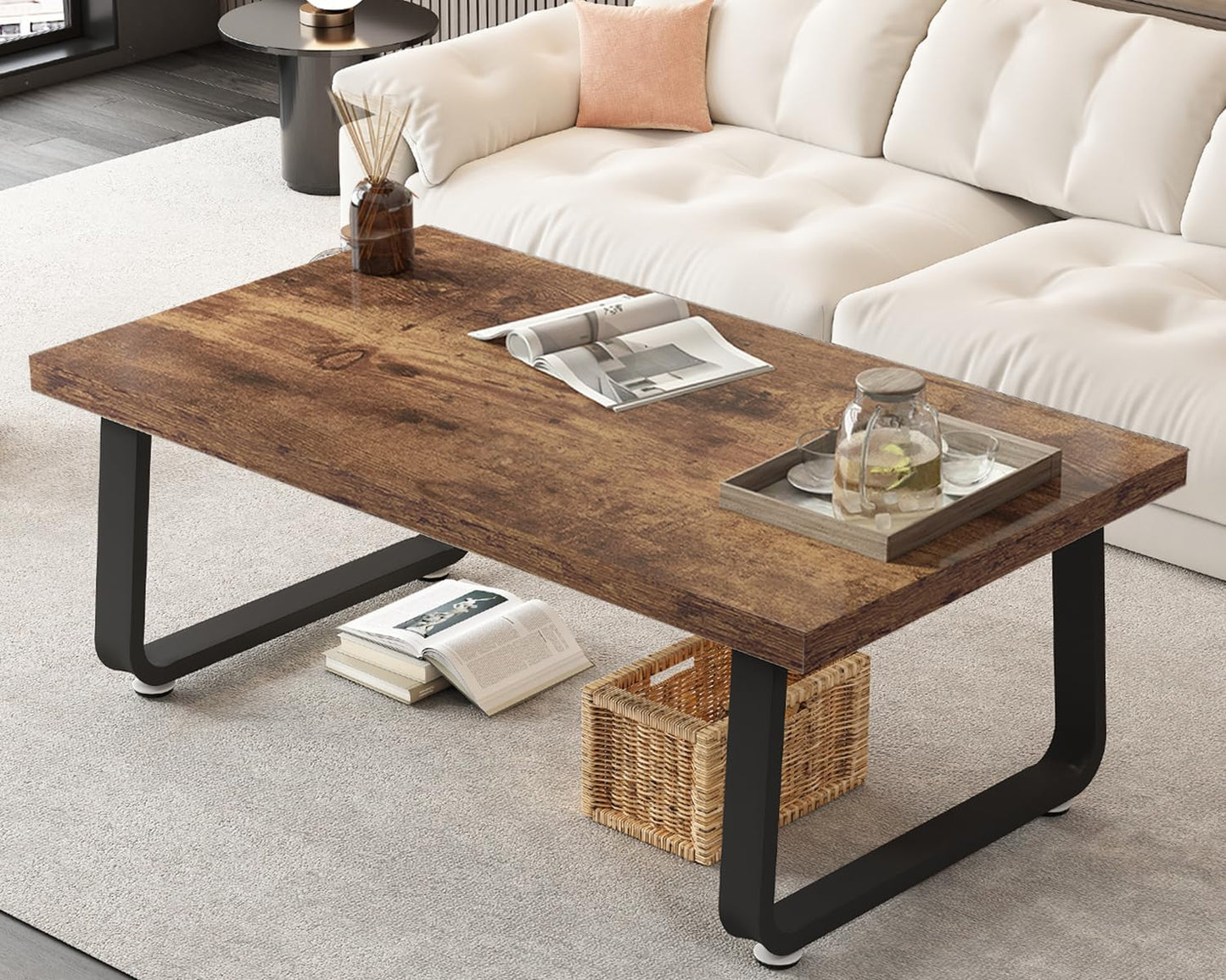 HSH Rustic Walnut Coffee Table, Modern Center Table, Rectangle Industrial Living Room Coffee Table, Simple Farmhouse Wood and Metal Tea Table for Home Bedroom Office, Walnut, 47 in