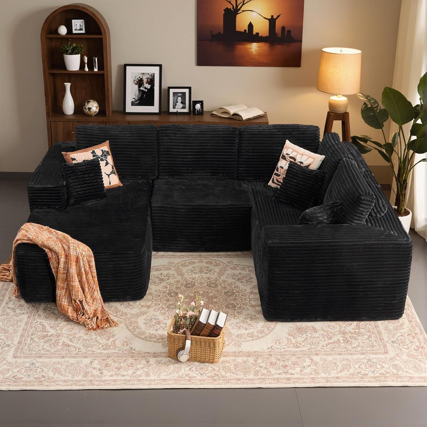 HOOOWOOO Cloud Sectional Couches for Living Room,Modular Sectional Sofa No Assembly,133X70 Inch Plush Corduroy Large U Shaped Floor Couch Set with Deep Seat Chaise Ottoman(Black)