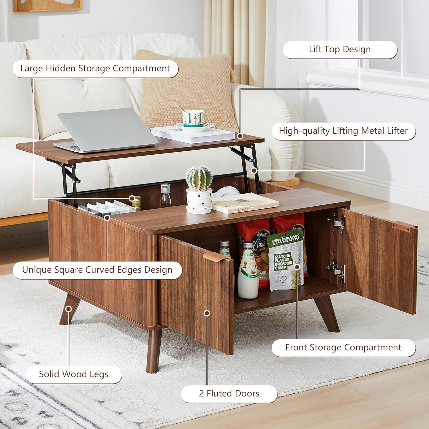 Fluted Lift Top Coffee Table with Large Hidden Compartment, 31.5” Wooden Center Table with Storage, Mid Century Modern Lift Tabletop Coffee Tables for Living Room Home Office, Walnut