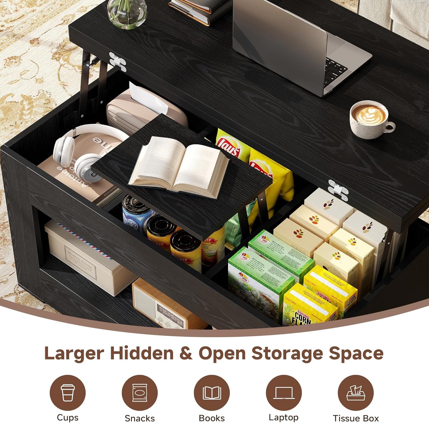 40" Lift Top Coffee Table, 4 in 1 Multi-Function Lift Coffee Tables with Storage and Hidden Compartment, Convertible Coffee Table to Dining Table for Living Room, Black