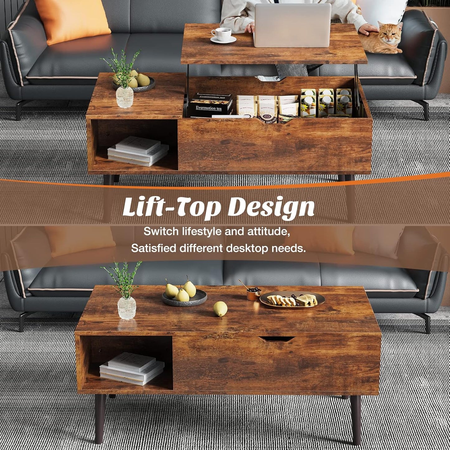 Sweetcrispy Coffee Table, Lift Top Coffee Tables for Living Room, Small Rising Wooden Dining Center Tables with Storage Shelf and Hidden Compartment, Brown