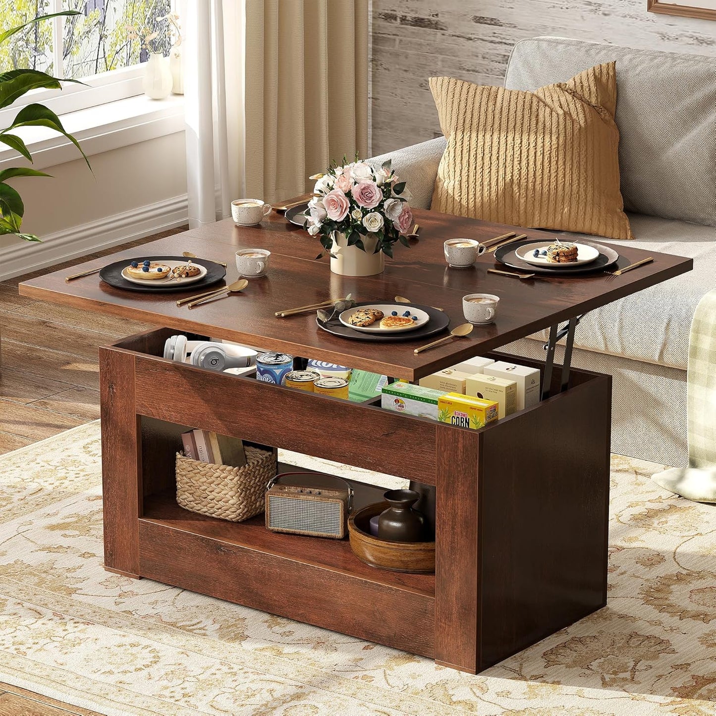 40" Lift Top Coffee Table, 4 in 1 Multi-Function Lift Coffee Tables with Storage and Hidden Compartment, Convertible Coffee Table to Dining Table for Living Room, Black
