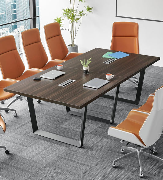 Sturdy Conference Table with Cable Management Grommets Modern Rectangle Office Meeting Table with Wood Tabletop and Metal Frame & Legs- Easy Assembly Boardroom Table (Dark Brown, 8 Foot)