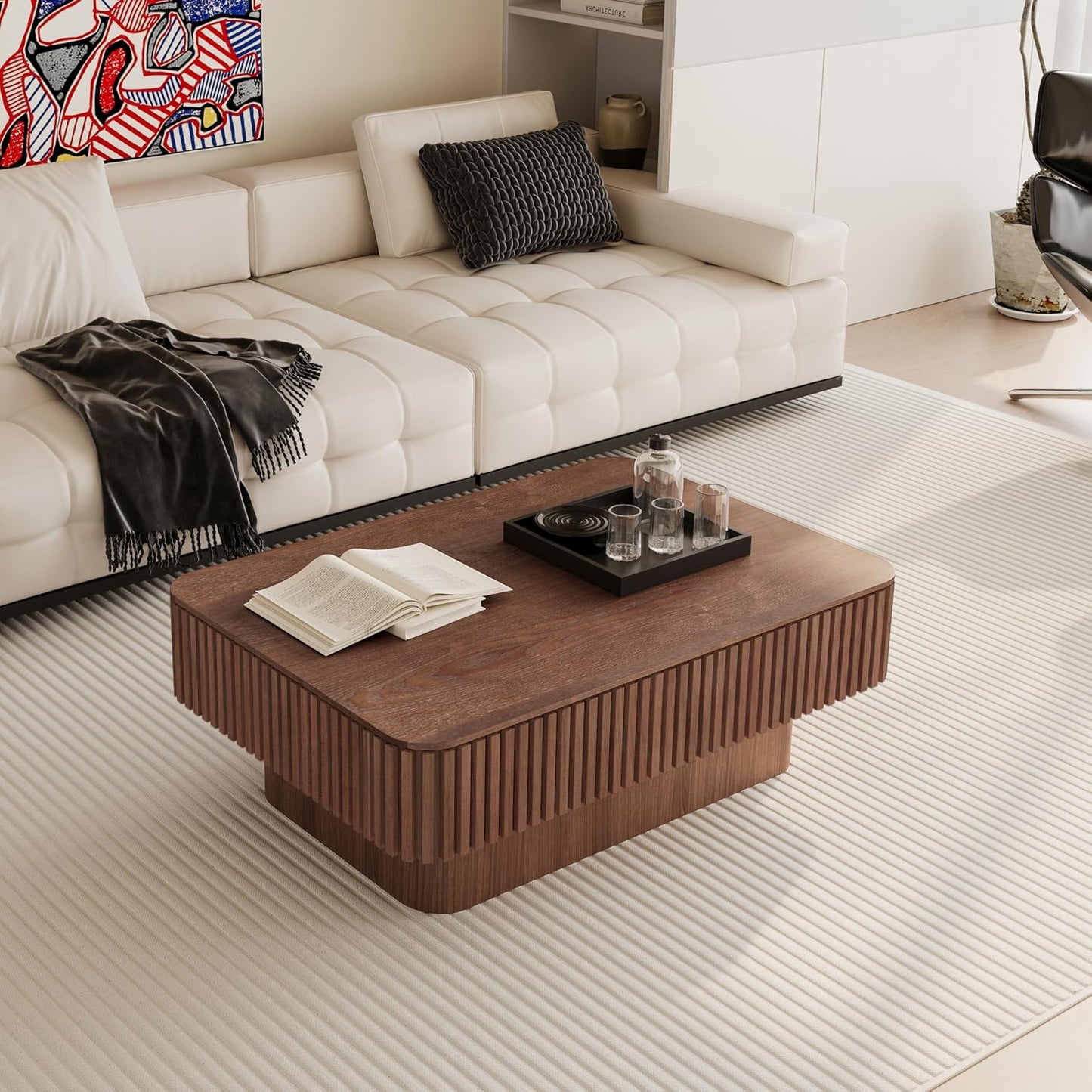 Lift Top Coffee Table with Storage, Solid Wood Coffee Table with Adjustable Height, Fluted Center Table Accent Tea Table for Living Room, Apartment, Office (38.6" Walnut)