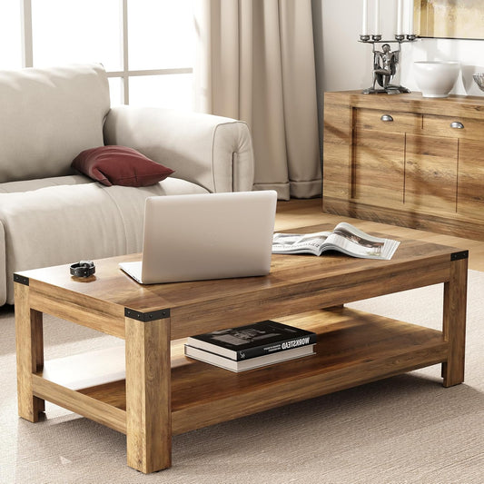 Farmhouse Coffee Table, 47.2" Modern Rustic Wooden Center Table with Storage, Rectangle Living Room Tables, 2-Tier Industrial Cocktail Tea Table for Living Room